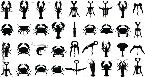 Creative vector illustration of lobster, crab, shrimp, and corkscrew silhouettes combining sea creatures and kitchen tools in unique design.