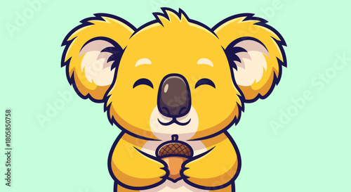 Cute cartoon koala bear holding acorn smiling happily with closed eyes.