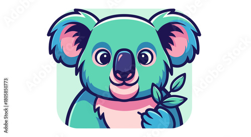 Cute Cartoon Koala Bear Holding Eucalyptus Leaves Adorable Animal Illustration.