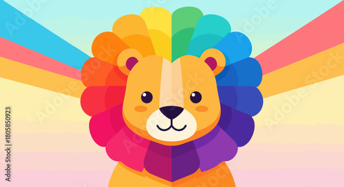 Cute cartoon lion with vibrant rainbow mane illustration.