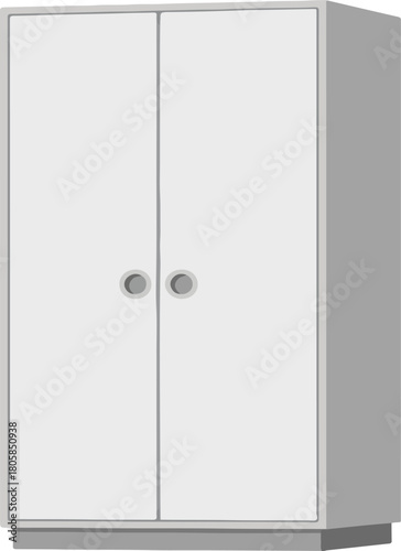A white, two-door wardrobe with silver handles, depicted in a minimalist, flat vector style.