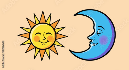 Smiling sun and sleeping crescent moon cartoon characters.