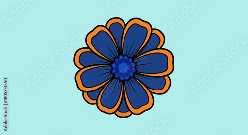 Stylized blue flower with vibrant orange outlined petals.