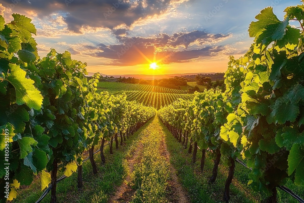 Naklejka premium Golden sunset over a lush vineyard: rows of grapevines flanking a central dirt path, dramatic clouds and sun rays casting warm, peaceful light across rolling fields