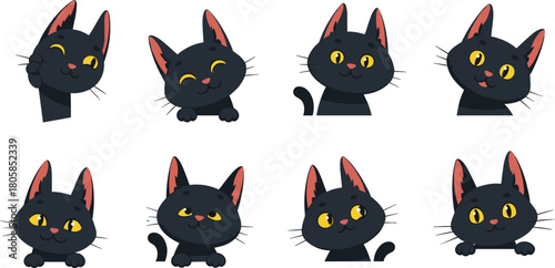 Cute black cat character expressions collection featuring adorable cartoon kitten poses, playful emotions, charming vector illustrations for animation, stickers, and design