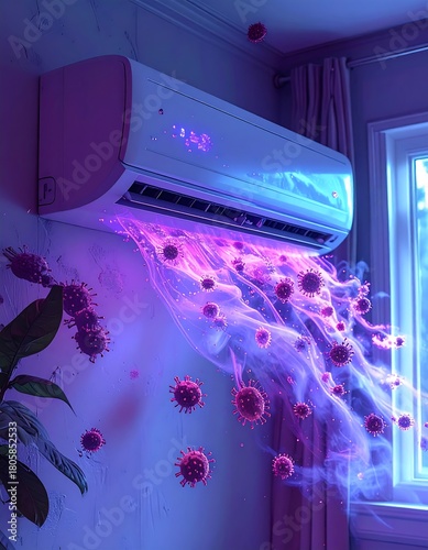 Air conditioner blasting pink, illuminated dust particles in an interior room, with a plant and a window nearby