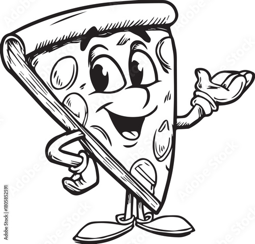 Pizza Slice Mascot: A cheerful cartoon pizza slice stands proudly, its animated form radiating the deliciousness of this universally loved food.