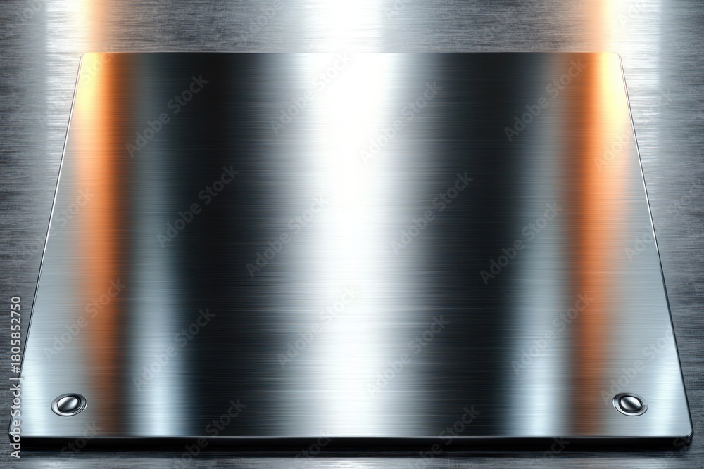 Obraz premium rectangular brushed metal plate with two countersunk screws and warm side reflections, sleek modern industrial surface