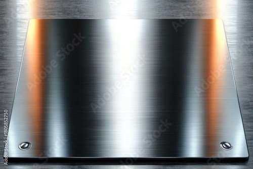 rectangular brushed metal plate with two countersunk screws and warm side reflections, sleek modern industrial surface