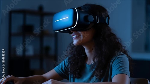 Young woman experiencing immersive VR world with modern headset, exploring digital possibilities and virtual reality adventures tonight