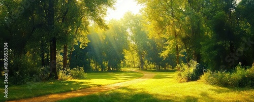 sunlit winding dirt path through a green forest clearing with tall trees and golden rays creating a peaceful, serene morning atmosphere