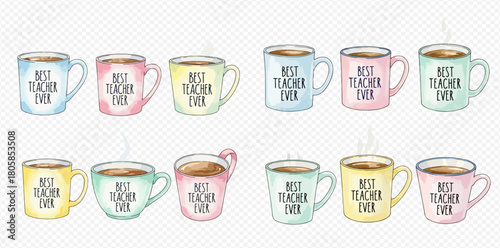 A collection of pastel-colored coffee mugs with 'BEST TEACHER EVER' text, some with steam, on a transparent background.