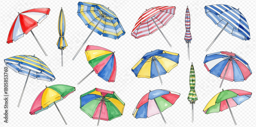 Watercolor illustration set of colorful beach umbrellas with various patterns for summer holidays.