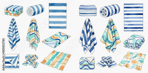 A collection of watercolor illustrations depicting various beach towels in different patterns and arrangements, including striped, wavy, and abstract designs, suitable for summer and vacation themes.