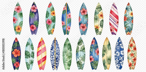 Vibrant watercolor surfboards featuring various tropical floral and leaf patterns, perfect for summer and beach themes.