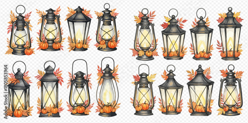 Collection of vintage autumn lanterns decorated with pumpkins and fall leaves, perfect for seasonal decor.
