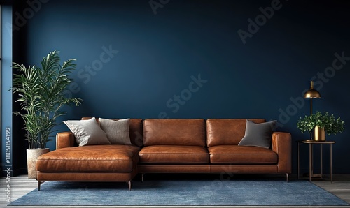 Cozy modern living room with brown leather sectional chaise, deep blue wall, blue rug, potted plants, gold floor lamp, side table and gray throw pillows, calm inviting atmosphere