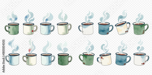 Watercolor illustration set of various steaming enamel mugs, perfect for hot beverages and cozy designs.
