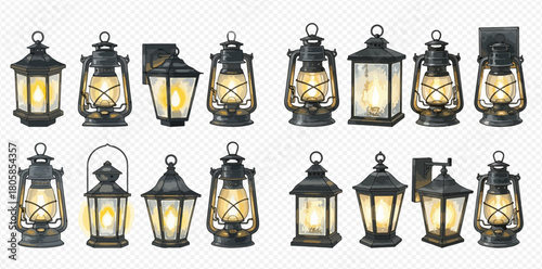 A collection of various vintage and antique-style lanterns, including traditional oil lamps and wall-mounted outdoor lights, all illuminated with a warm glow.