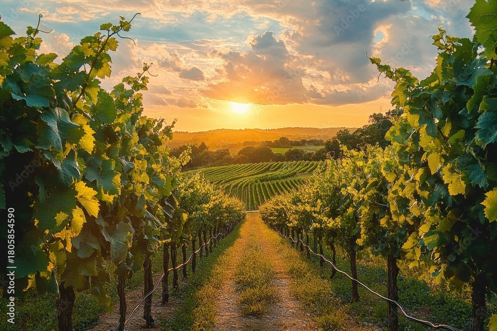Fototapeta premium sunlit vineyard rows framing a dirt path toward rolling hills at golden hour with warm serene sunset and dramatic cloudy sky