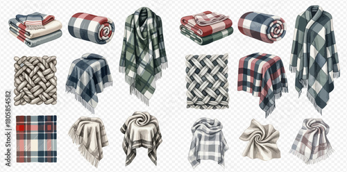 Collection of various plaid blankets, throws, and fabric patterns in different arrangements and color schemes, including folded, rolled, and draped textiles.
