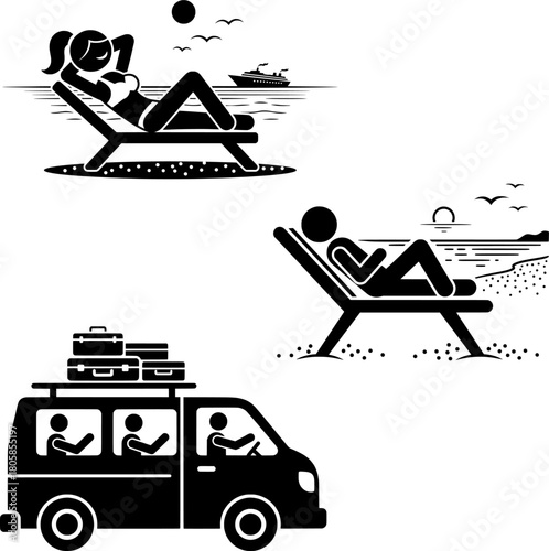 Summer Travel, Vacation, and Beach Relaxation Stick Figure Set