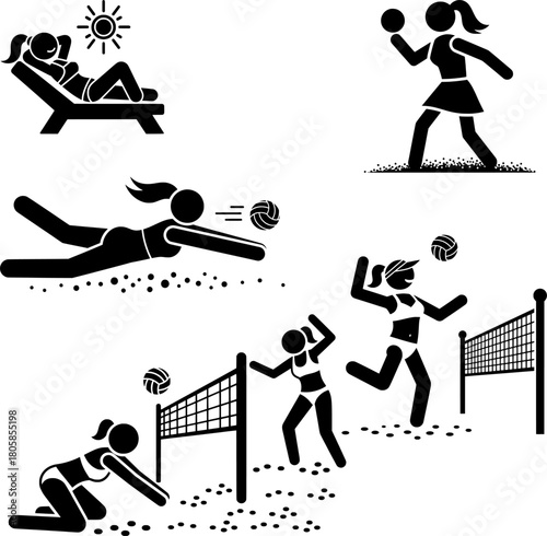 Beach Volleyball and Summer Relaxation Stick Figure Set