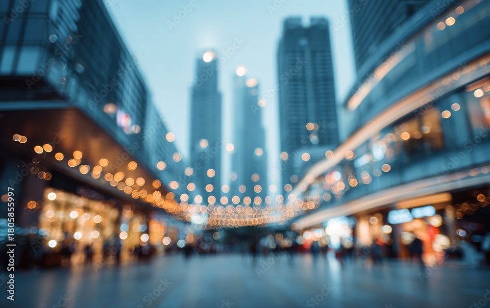Fototapeta premium A blurry abstract view of a shopping mall in Shenzhen, China, with skyscrapers and a bokeh background. High quality. High quality