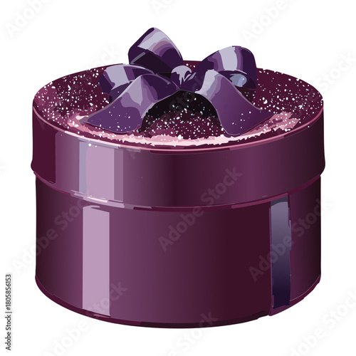 Sparkling Round Purple Glitter Gift Box with a Dark Velvet Ribbon Bow Representing Luxury Christmas Decoration
