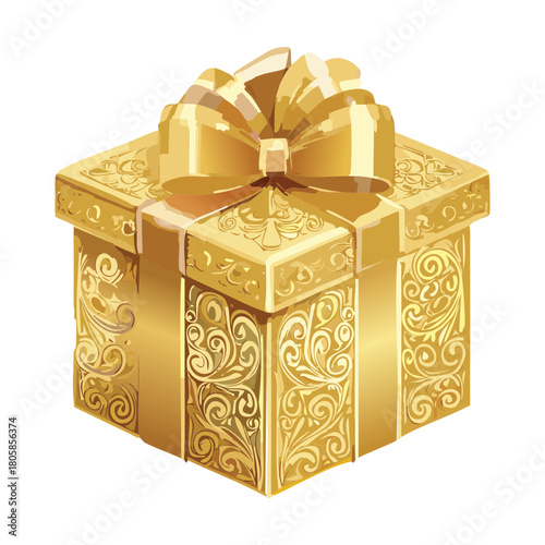 Luxurious Gold Embossed Gift Box with Intricate Floral Patterns and a Large Golden Ribbon Bow Design