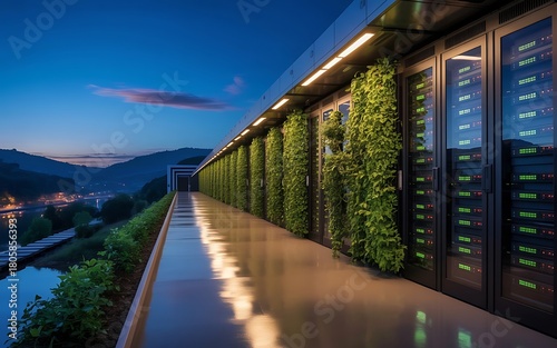 Illustration of data center with vertical garden at night in portugal