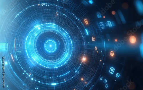 Wallpaper Mural glowing blue circular digital interface with concentric rings, radial circuit lines and floating cyan and orange icons, evoking a futuristic high-tech immersive energy Torontodigital.ca