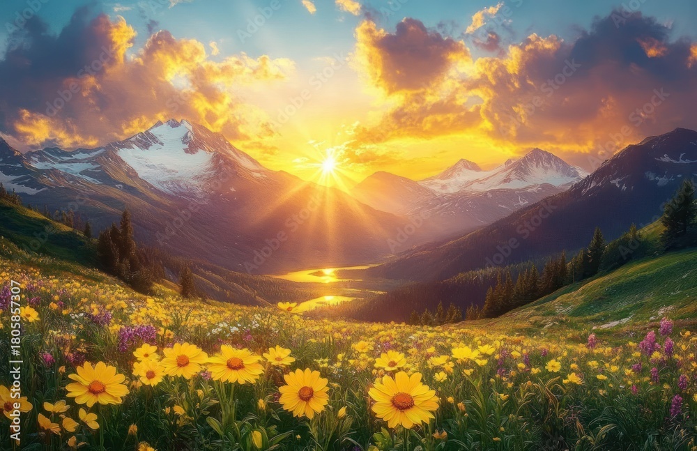 Obraz premium golden sunrise over an alpine valley with snow-capped mountains, reflective lake, wildflower meadow of yellow daisies and purple blooms, serene radiant atmosphere