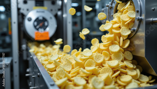 Potato chips flow from stainless steel machine onto conveyor belt in modern food processing factory, showcasing industrial snack production efficiency