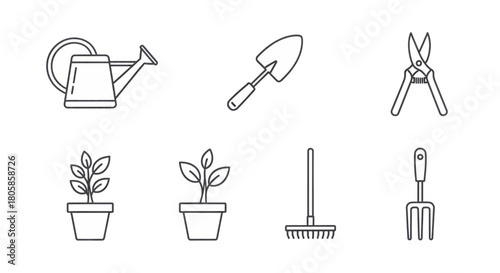 Outline illustrations of essential gardening tools and potted plants for nurturing growth and cultivation