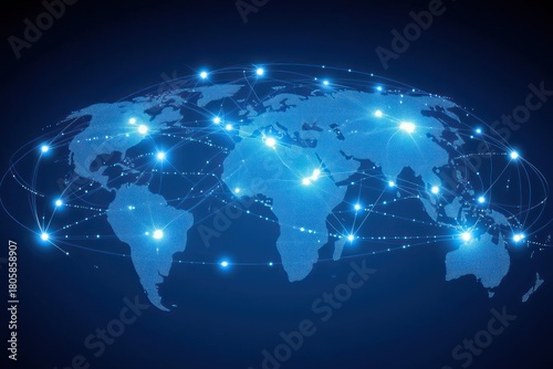 glowing blue digital world map with dotted continents, bright hubs and arcing connection lines conveying global connectivity and futuristic energy