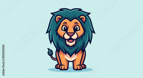 Cartoon Lion with Blue Mane Sitting Upright and Smiling.
