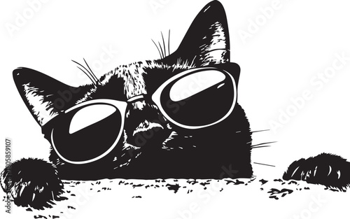 Cool Cat's Trendy Gaze: An adorable black cat with stylish sunglasses, exuding an air of cool, peering out with a unique perspective.