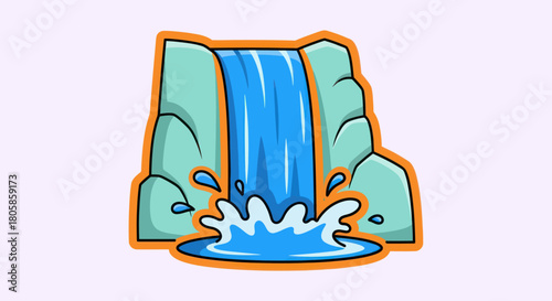 Cartoon waterfall cascading down rocky cliffs into a splash pool of water.