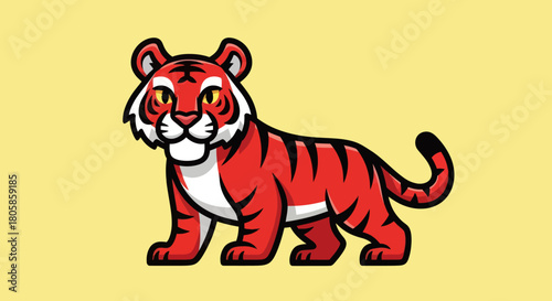 Cartoon Tiger Illustration with Red Fur and Black Stripes on Yellow Background.