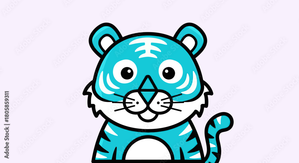 Naklejka premium Cute Blue Tiger Illustration with White Stripes and Black Outline.