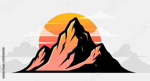 Majestic Mountain Peak Silhouette Against Vibrant Sunset.