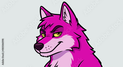 Pink Wolf Cartoon Character with Sly Expression.
