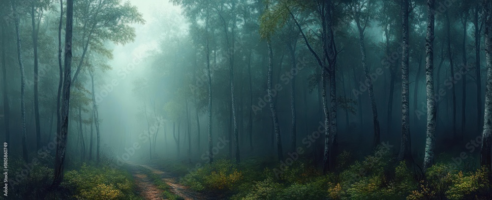 Obraz premium Misty forest path winding through tall birch trees and lush undergrowth bathed in soft eerie green light, evoking calm mystery and solitude