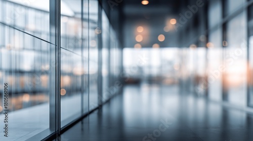 Modern blurred office space of a business building center. Glass wall with empty space. Blurred abstract light background for presentation and design. High quality