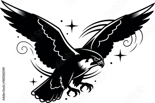Illustration of eagle spreading wings in black and white, a symbol of power and freedom
