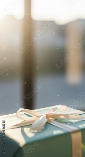 Wrapped gift box sits near a bright window with sunbeams illuminating airborne dust motes