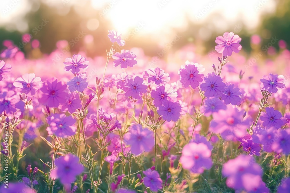 Fototapeta premium pink wildflower meadow bathed in golden hour sunlight, soft-focused field with glowing bokeh and a peaceful dreamy atmosphere