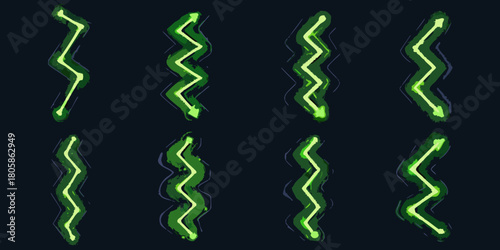 Set of eight glowing green abstract zigzag arrows with a hand drawn artistic brushstroke effect on a dark background