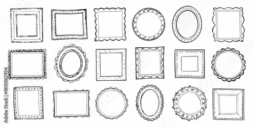 Collection of hand drawn decorative photo frames and borders in various shapes and styles